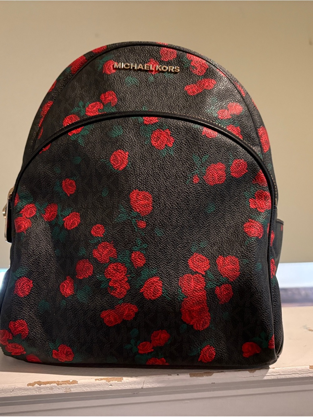 Michael Kors Black Leather Backpack with Red Rose Print